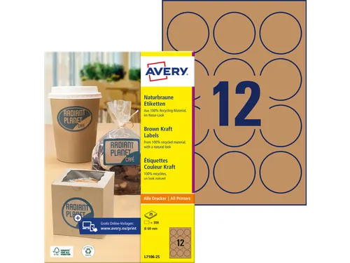 Etiket Avery L7106-25 permanent rond 60mm kraft 300 stuks 25 vel
