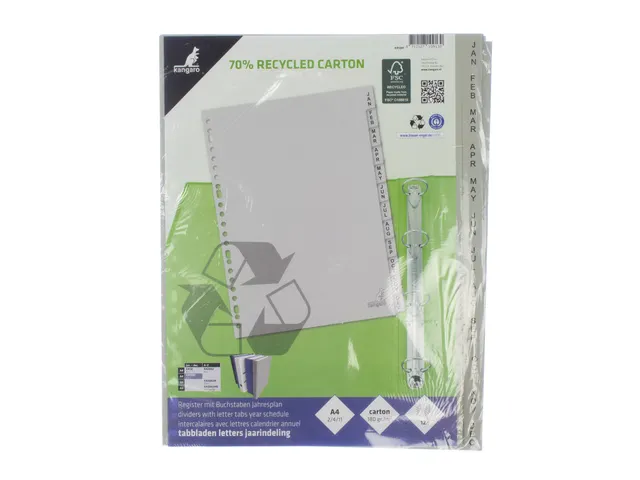 Tabblad Kangaro A4 180 gr grijs karton 23-gaats 12-delig jan-dec