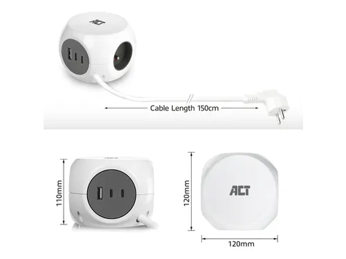 Stekkerblok ACT 3 voudig inclusief 2x USB C/A 1.5 meter wit/grijs FR/B