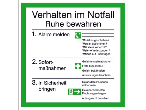 affiche,Gedrag in noodgevallen,PVC,groen/wit/zwart,om te verlijmen