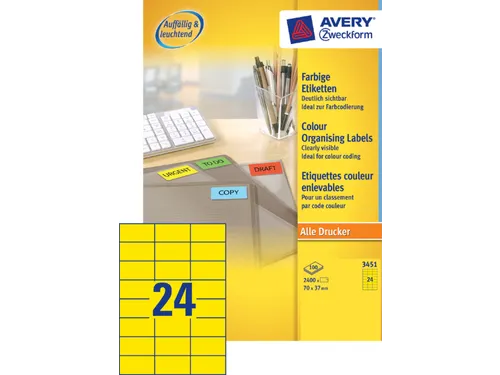 Gekleurd Etiket Avery Zweckform 70x37mm Geel 2400 stuks