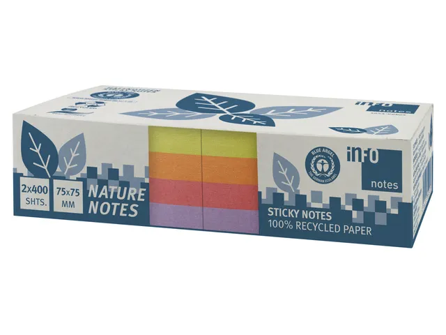 Notitieblok 75x75mm, 2 X 400 Blaadjes, 4 Assorti Kleuren, Blauwe Engel