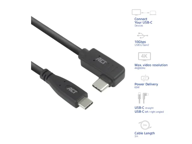 Kabel ACT USB-C standaard naar USB-C hoek 10Gbps 2m