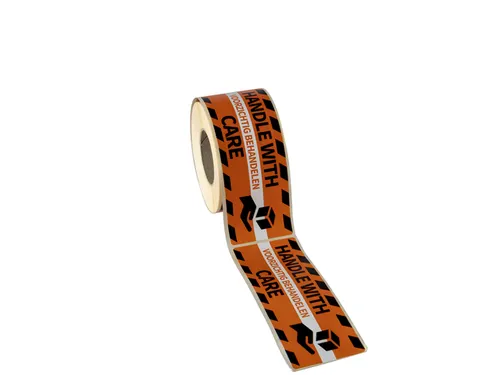 Gevaaretiket Raadhuis 46x125mm rol 250 stuks Handle with care EN/NL or