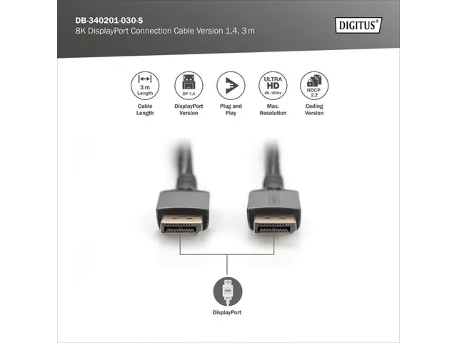 Câble de connexion DisplayPort Premium type DP 1.4 M/M 3m UHD 8K Noir