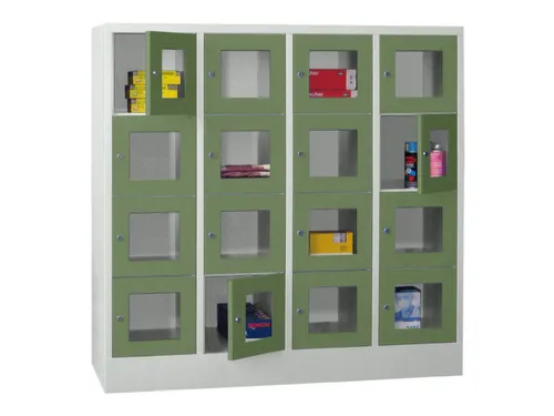 lockerkast,HxBxD 1518x1600x500mm,4x4vakken,RAL7035,front RAL6011