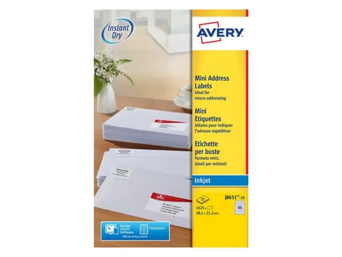 Etiket Avery J8651-25 38.1x21.2mm Inkjet wit 1625 stuks