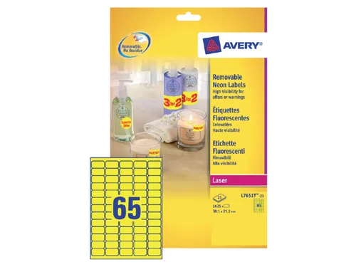 Etiket Avery L7651 Y-100 38.1x21.2mm Neon Geel 6500 Stuks