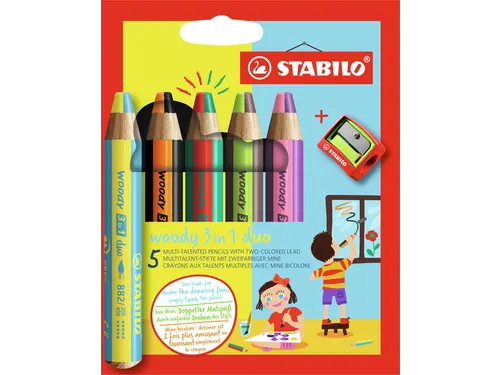 Kleurpotloden STABILO 882 woody 3 in 1 duo puntenslijper assorti 5st