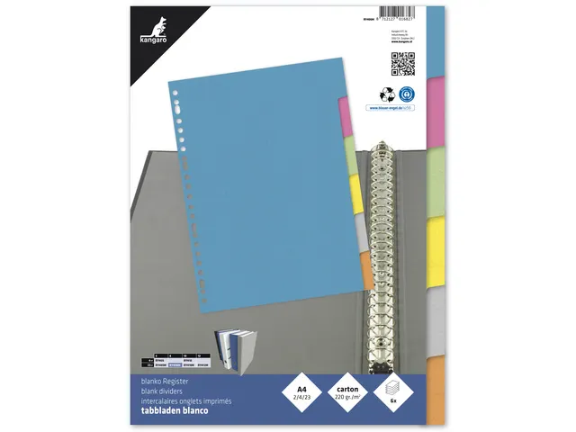 Tabblad Kangaro A4 blanco karton 220gr assorti 23-gaats 6-delig