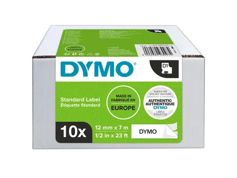 Labeltape Dymo LabelManager D1 polyester 12mm zwart op wit 10 stuks