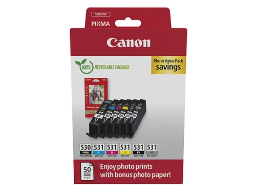 Canon PGI-530/CLI-531 PGBK/C/M/Y/BK/GY inktcartridge + fotopapier