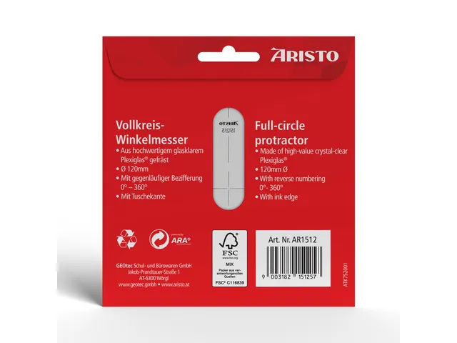 Rapporteur circulaire Aristo 12cm - 360° Plexiglas cristallin