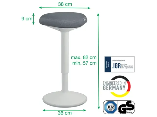 Ergo actieve zit/sta kruk met comfortzitting en gasveer 57-82cm grijs