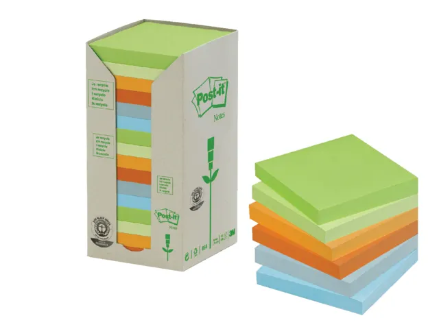 Memoblok 3m Post-it 654-1rpt 76x76mm 16 Stuks Recycled Assorti