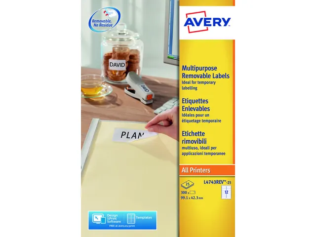 Etiket Avery L4743REV-25 99.1X42.3mm Afneembaar Wit 300 Stuks