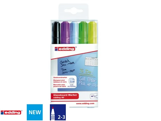 Viltstift edding 90 glasbord ass blister à 5 kleuren incl zw
