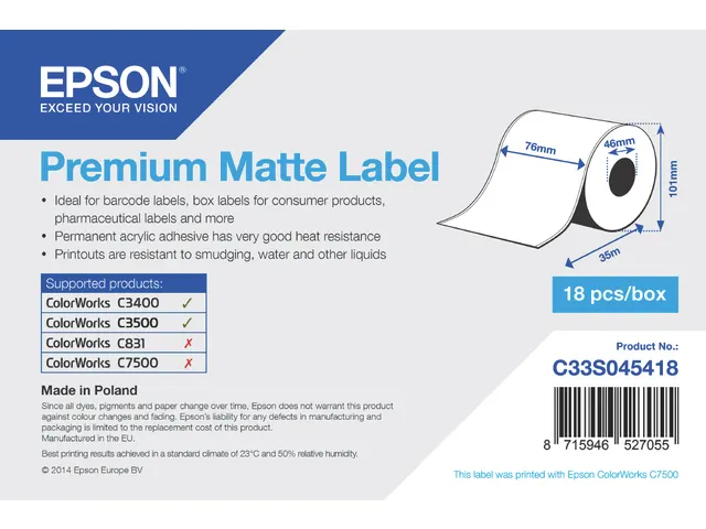 Premium Matte Label - Continuous Roll: 76mm x 35m
