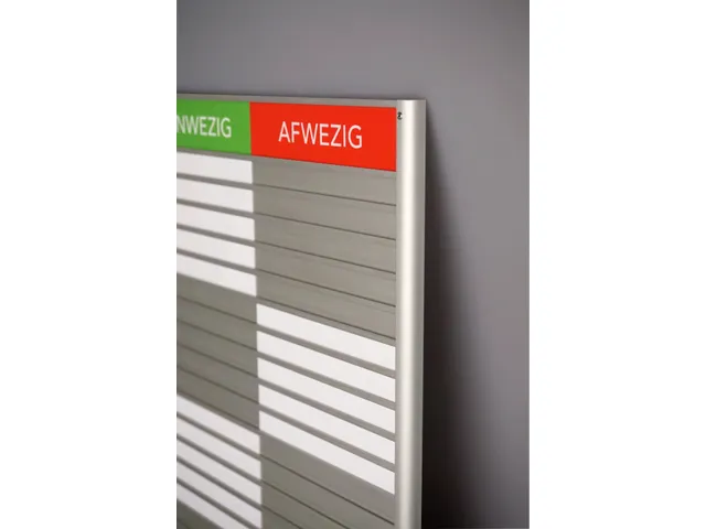 Menoor In-Uit bord 25 namen Aluminium Aanwezig/Afwezig Groen/rood