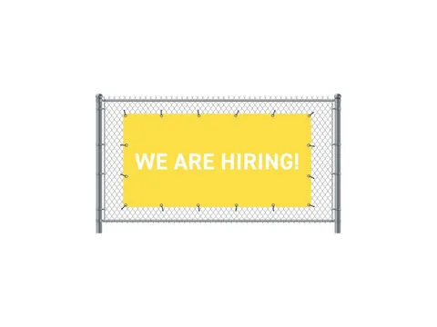 Hekwerkbanner 200x100 cm Geel met Engelse Print WE ARE HIRING