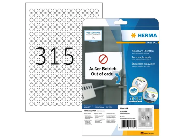 HERMA 4385 Verwijderbare etiketten A4 Rond 10mm Wit 7875 stuks