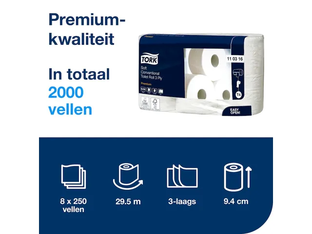 Toiletpapier Tork T4 110316 3-Laags Premium 250 vel 8 Rollen