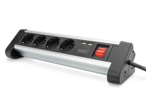 4-voudige kantoorstekkerdoos met 2x USB-poorten USB 5V/2A zwart/zilver