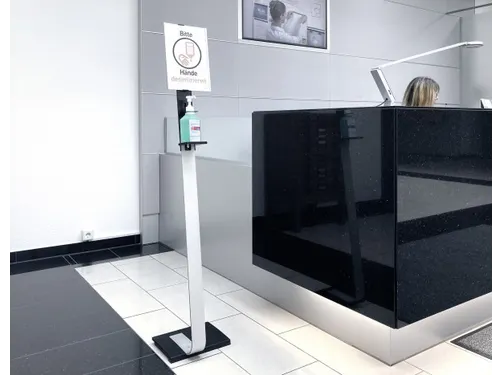 Handgeldispenser vloerstandaard met infobord Zilver