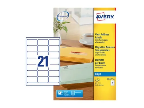 Adresetiket Avery J8560-25 63,5x38,1mm Transparant Inkjet 525 stuks