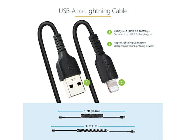 USB A naar Lightning Kabel 1 Meter Zwart, MFi Gecertificeerd, iPhone L