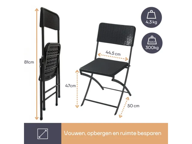 Klapstoel weerbestendige vouwstoel rotanlook Zwart maximaal 300 kg