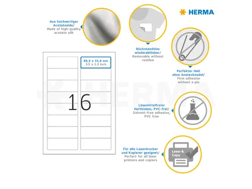 HERMA 4515 Naambadge textieletiket A4 88,9x33,8mm Wit 320 stuks