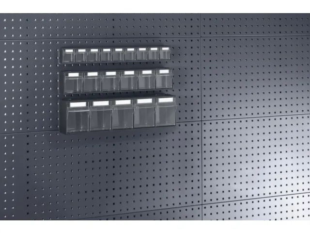 Transparante magazijnbak,v. perfoplaat,HxBxD 112x600x96mm,m. 6vakken