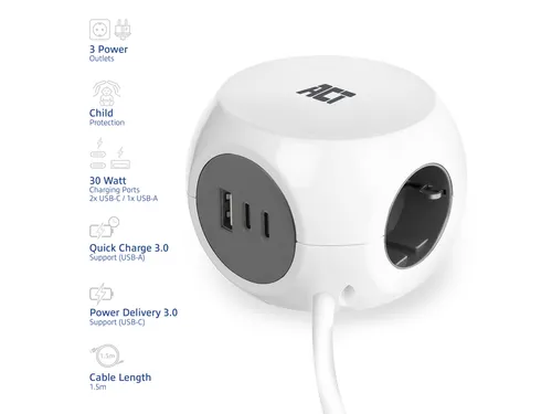 Stekkerblok ACT 3 voudig inclusief 2x USB C en A 1.5 meter wit/grijs
