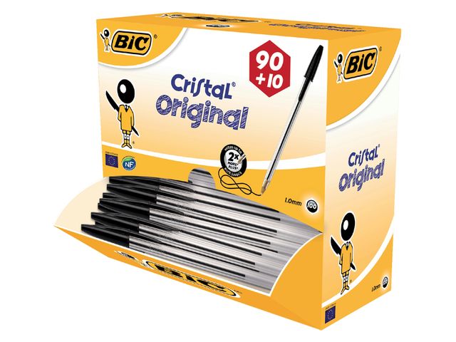 Stylo bille BIC Cristal Medium noir boîte 90+10 gratuits