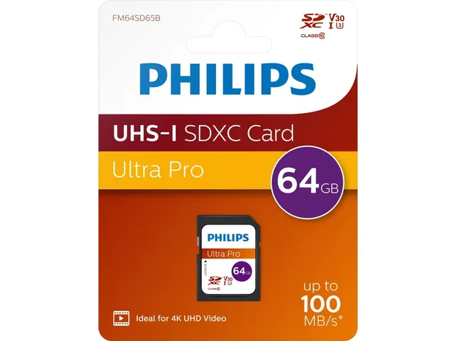 Philips Ultra Pro SDXC Geheugenkaart 64GB UHS-I U3 V30 Class 10 100 MB