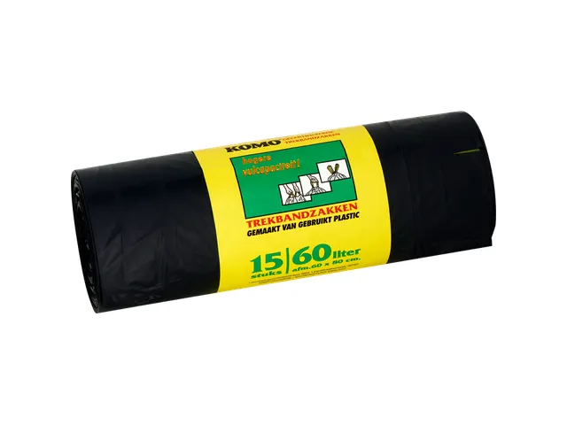 Vuilniszak Komo 60 Liter Met Trekband 15 Per Rol Grijs