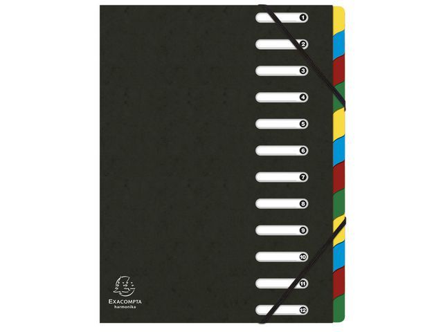 Exacompta - Ref. 541204E - 1 Sorteermap met vaste rug en elastosluiting - Omslag in bedrukte glanskarton en binnenin in zwart gerecycleerd karton - 12 vakken - formaat 24,5x 32 cm - A4 - Kleur: oranje