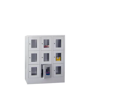 lockerkast,HxBxD 1187x900x500mm,3x3vakken,RAL7035,front RAL5010
