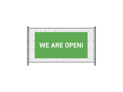 Hekwerkbanner 200x100 cm Groen met Engelse Print We Are Open