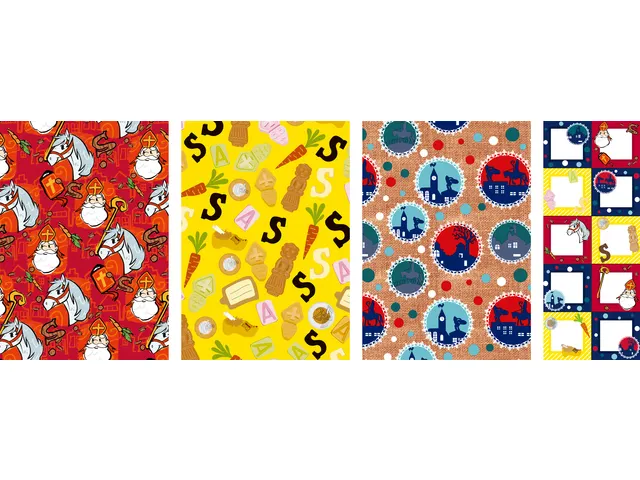 Inpakpapier Sint 200x70cm set à 3 rollen + stickervel met 10 etikette