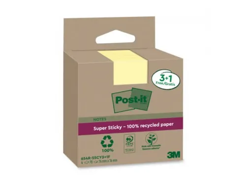 Memoblok 3M Post-it 654 RSSCOL 76x76mm geel 3+1 gratis