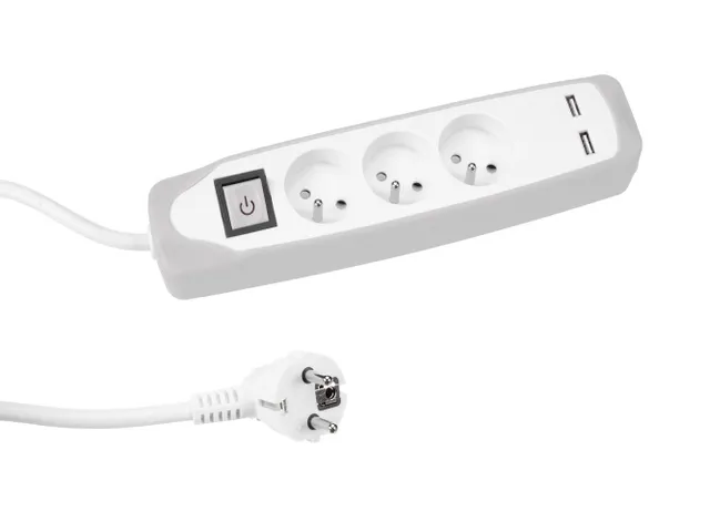 3-Voudige Stekkerdoos Met Schakelaar - 2 USB-Poorten - Grijs/WIT - 1.5