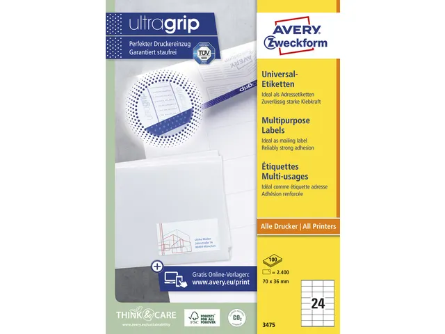 etiket Avery ILK 70x36mm 100 vel 24 etiketten per vel wit