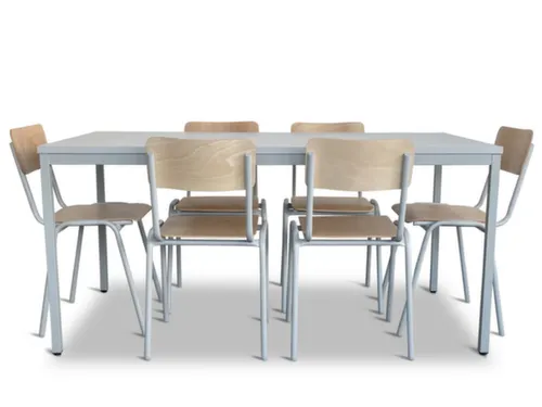 Kantineset,6Stoelen,1Tafel,Zitting Beuken Multiplex Natuur,Blad Grijs