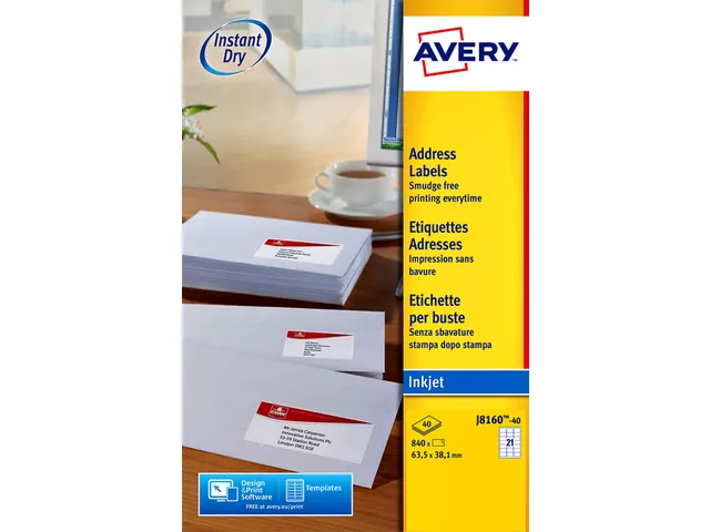 Etiket Avery J8160-40 63.5x38.1mm Inkjet Wit 840 stuks