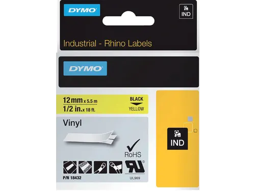 Labeltape Dymo Rhino 18432 12mmx5.5m Vinyl Zwart Op Geel