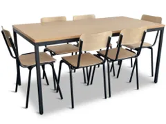 Kantineset,6Stoelen,1Tafel,Zitting Beuken Multiplex Natuur,Blad Beuken