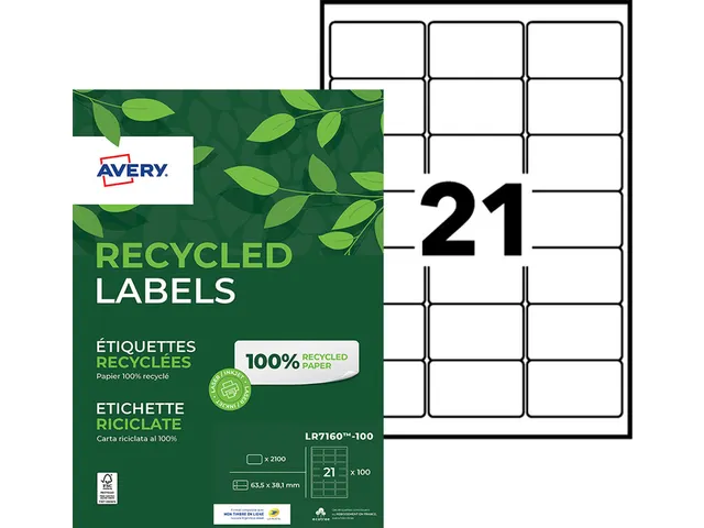 Etiket Avery LR7160-100 63.5x38.1mm recycled wit 2100 stuks