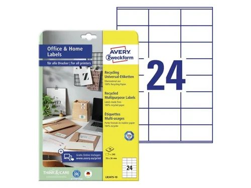 Etiket Avery Zweckform LR3475-10 70x36mm recycled wit 240 stuks